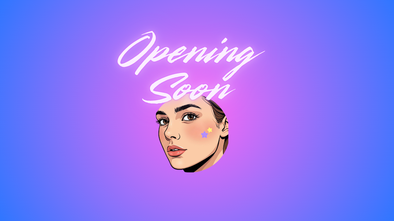 Illustration of a face with 'Opening Soon' text on a gradient blue and pink background